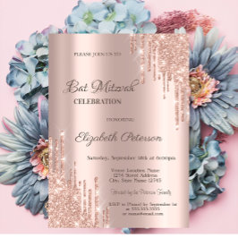 Moderna Glitterdroppar Rosa Guld Bar Mitzvah Inbjudningar