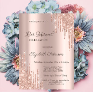 Moderna Glitterdroppar Rosa Guld Bar Mitzvah Inbjudningar