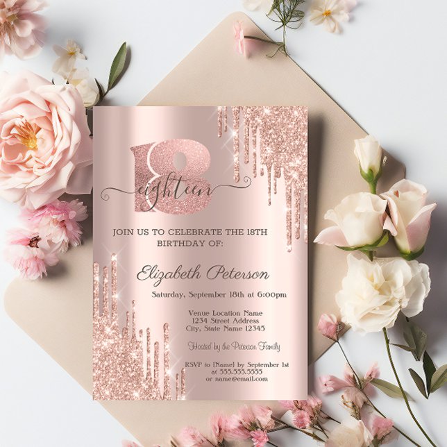 Moderna Glitterdroppar Roséguld 18-årsdag Inbjudningar (Skapare uppladdad)