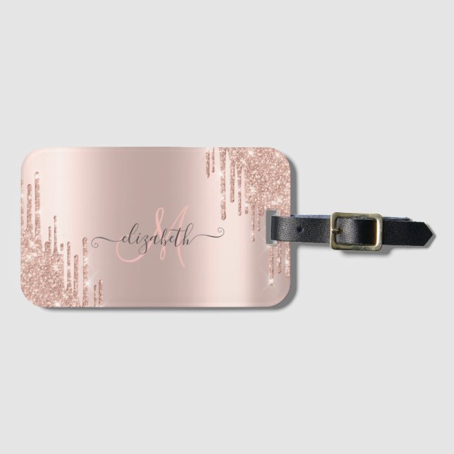 Moderna Glitterdroppar Roséguld Monogram Bagagebricka (Framsida horisontal)