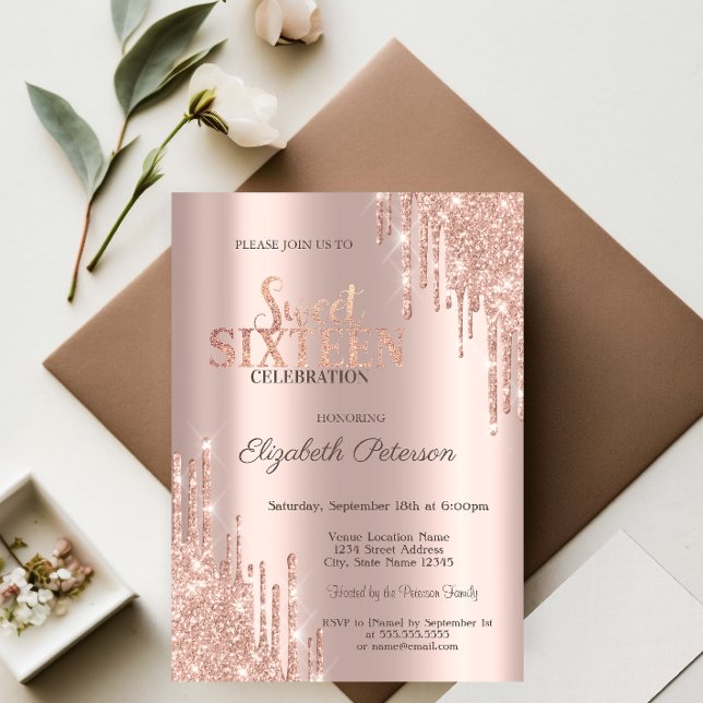 Moderna Glitterdroppar Roséguld  Sweet 16 Inbjudningar (Skapare uppladdad)