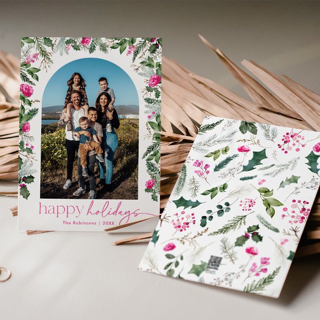 Moderna Goda Helgdagar Ljus Rosa & Grönska Valv Julkort (Skapare uppladdad)