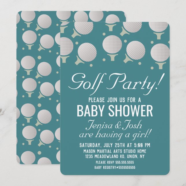 Moderna golfbollar Baby Shower-fest Blå Inbjudningar (Fram/baksida)
