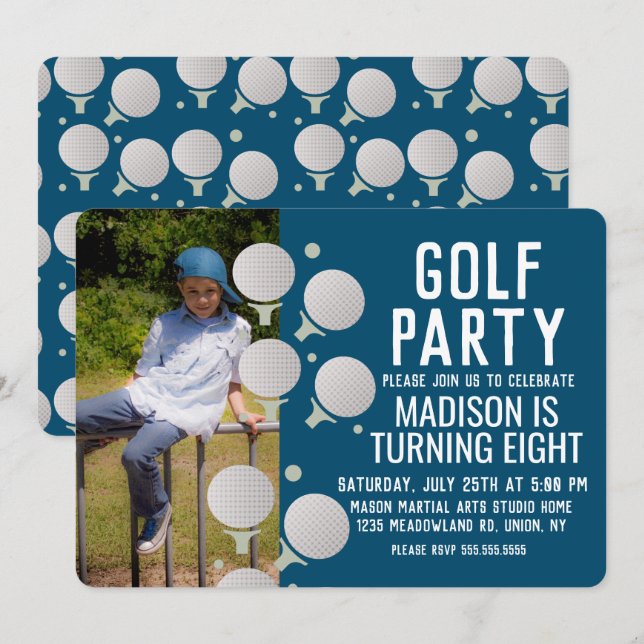 Moderna golfbollar födelsedagsfest foto inbjudningar (Fram/baksida)