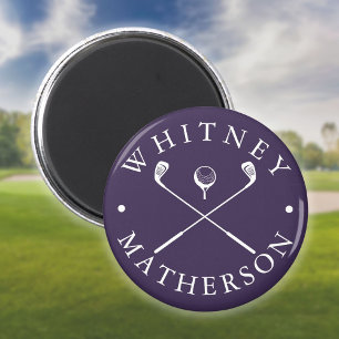 Moderna golfklubbor med eget namn lila och vit magnet