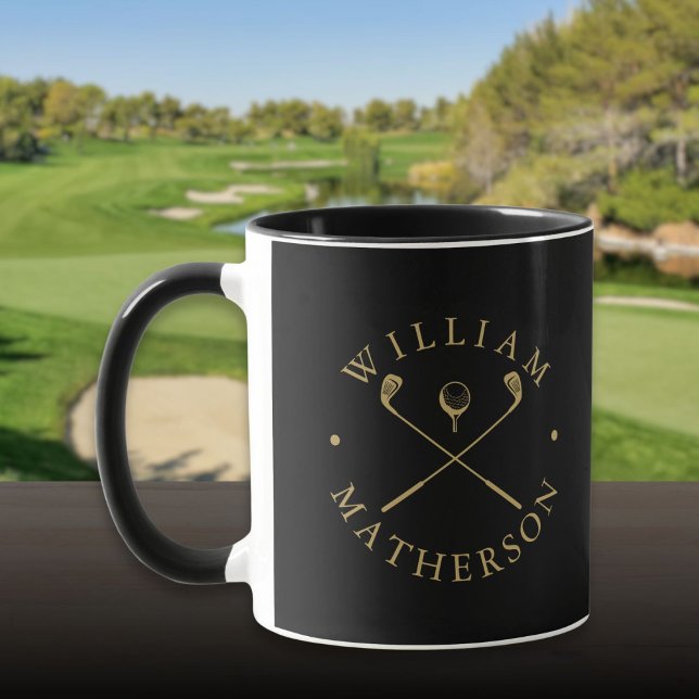 Moderna golfklubbor med eget namn, svarta och guld mugg (Modern Personalized Name Golf Clubs Black And Gold Mug)