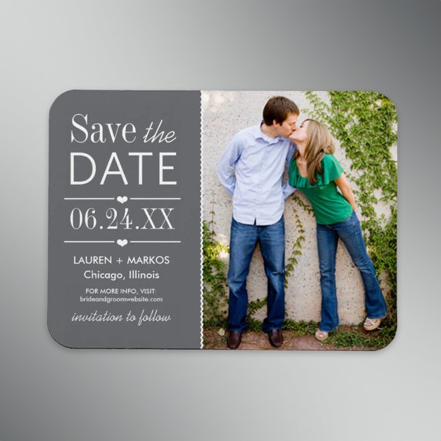 Moderna grå hjärtan Bröllopsfoto Save the Date Magnet (Skapare uppladdad)