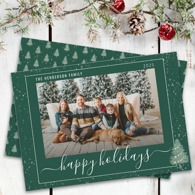 Moderna gran firande ljus Snö Foto Grön Julkort (Modern watercolor christmas tree festive lights snow family photo happy holidays green card Elegant)
