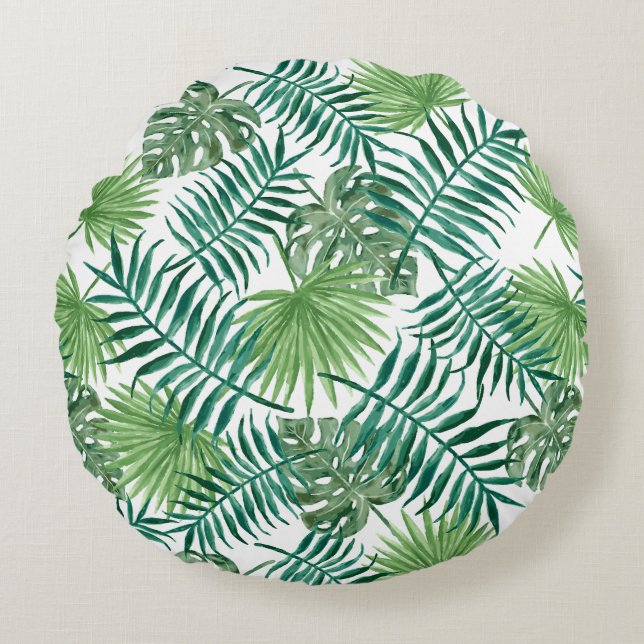 Moderna gröna botaniska palmblad rund kudde (Framsidan)