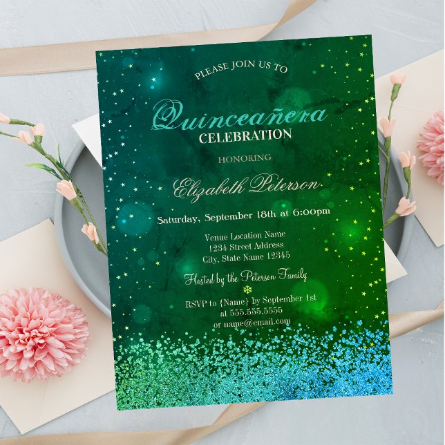 Moderna Gröna Diamanter Grön Quinceañera Inbjudningar (Skapare uppladdad)