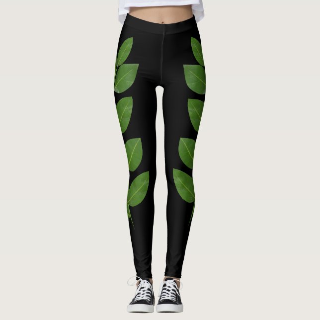 Moderna gröna lagerblad på svart leggings (Framsida)