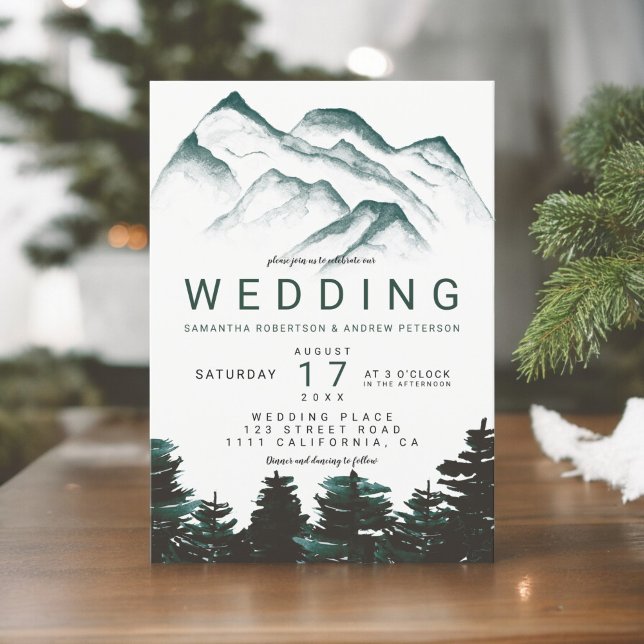 Moderna grönt, vattenfärgskogar i bröllop inbjudningar (Modern green watercolor forest mountains wedding invitation)