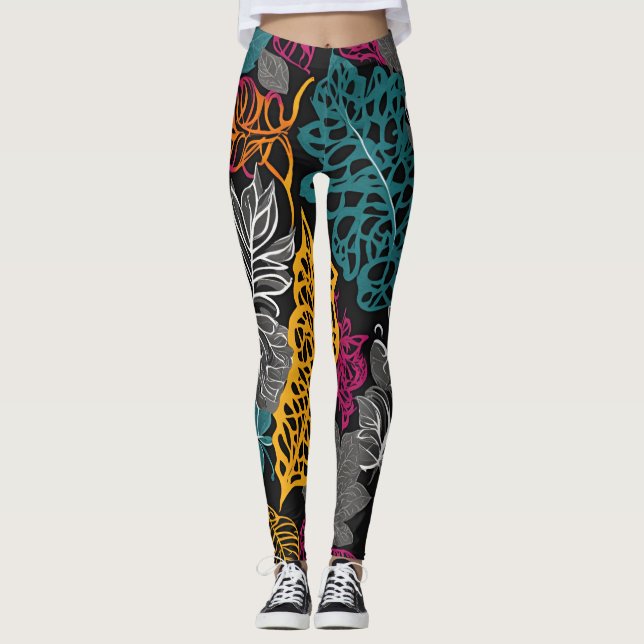 Moderna gula, blå och svarta spetsiga blad-lägger leggings (Framsida)