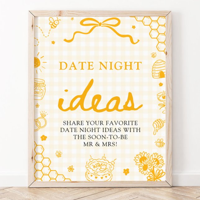 Moderna gula gingham-bihustru- datum idéer för kvä poster (Modern Yellow Gingham Honey Bee Date Night Ideas Game Sign)