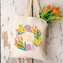 Moderna gula och gröna vårblommor glad påsk tygkasse