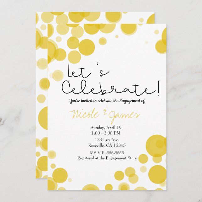 Moderna gula vita prickar bubblor firar inbjudningar (Fram/baksida)