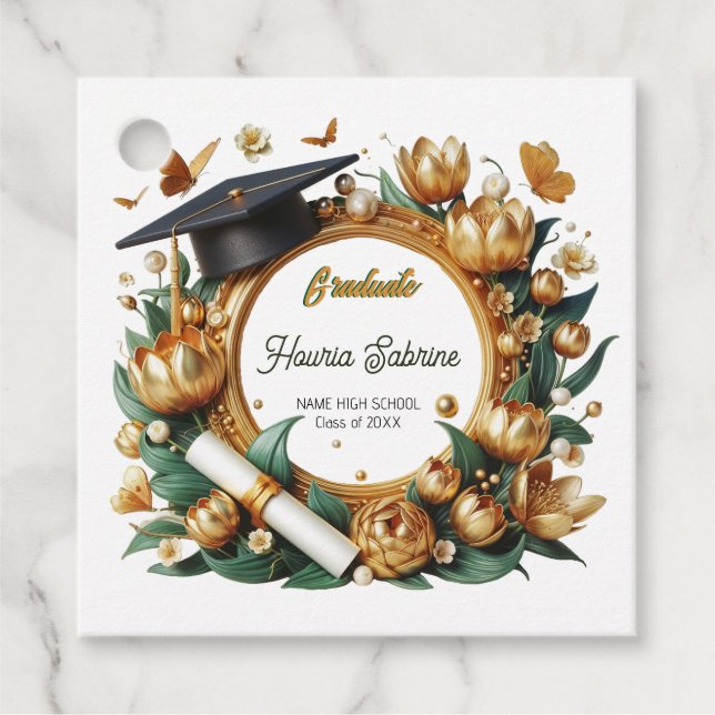 Moderna Guld-Tulpaner Blommig Kant Examen Gåvor Etiketter (Framsida)