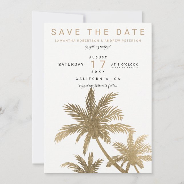 Moderna guldpalmträd eleganta save the date spara datumet (Framsida)