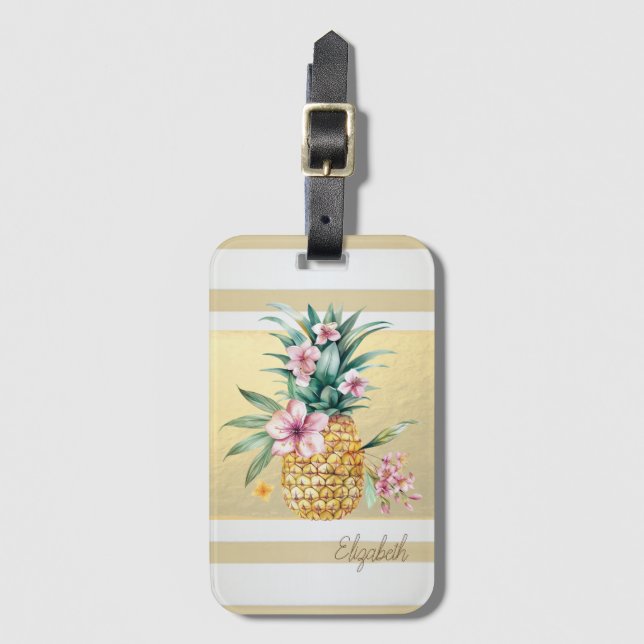 Moderna guldstrimmor, Blommig Ananas Bagagebricka (Framsida vertikal)