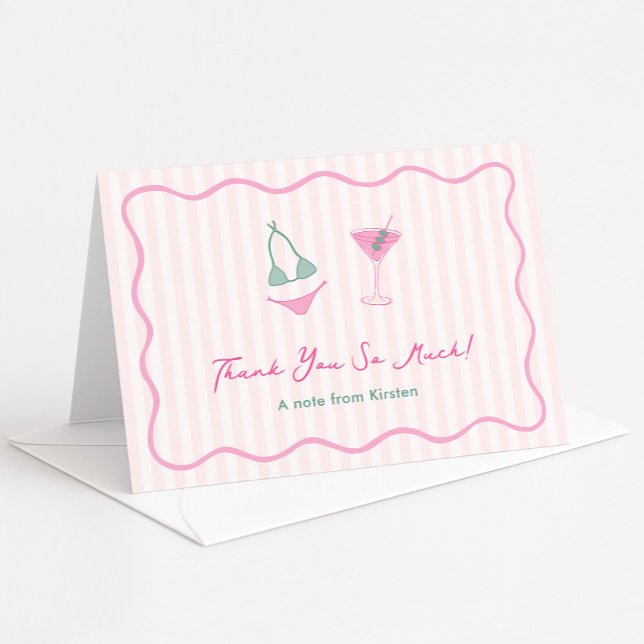 Moderna Handritade Bikinis & Martinis Möhippa Tack Kort (Pink and green hand-drawn bikinis and martinis cocktails bachelorette party folding thank you cards)