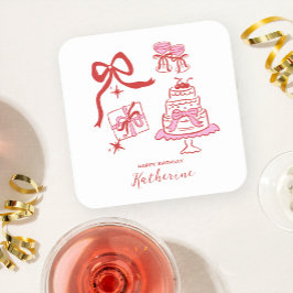 Moderna Handritade Röda Rosa Födelsedagsdudlar Par Underlägg Papper Kvadrat