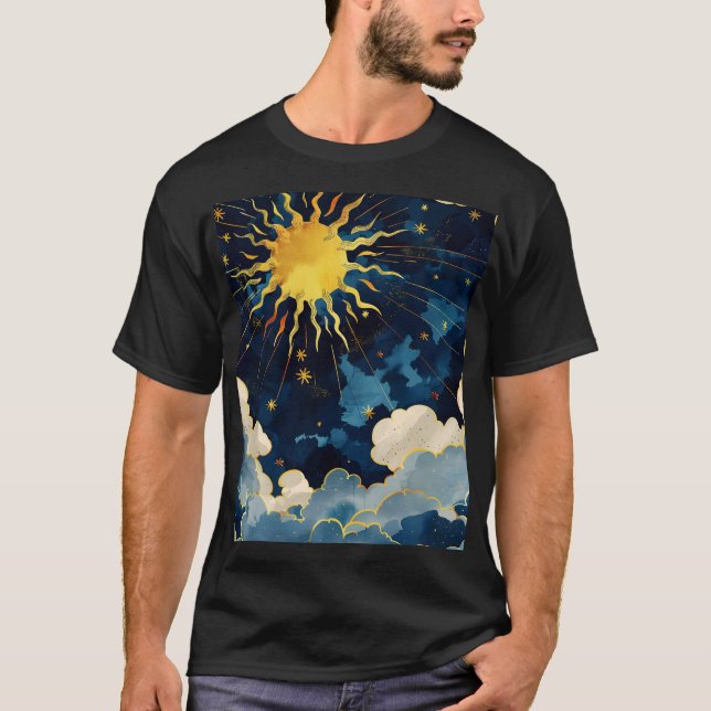 Moderna himmelska solstjärnor och blå moln t shirt (Framsida)