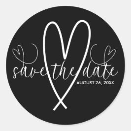 Moderna hjärtan svart & vitt minimal rädda datum runt klistermärke