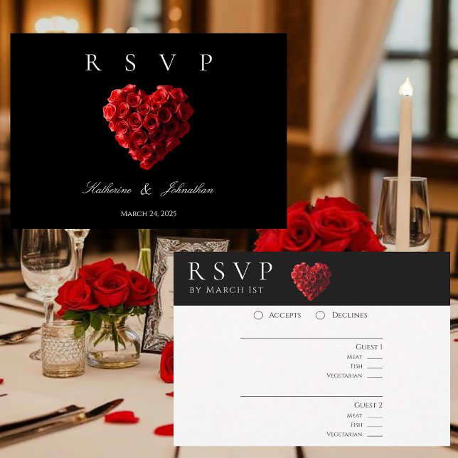 Moderna hjärtformade röda rosor-RSVP-Bryllop- OSA Kort (Red Roses in the Shape of a Heart Wedding Collection- Black and White)