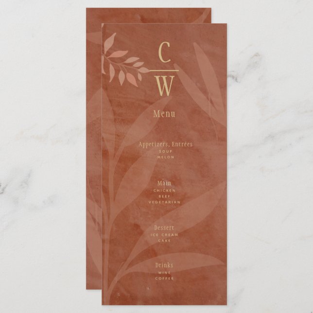 Moderna Höstbröllop Terrakotta Guldblad Meny (Fram/baksida)