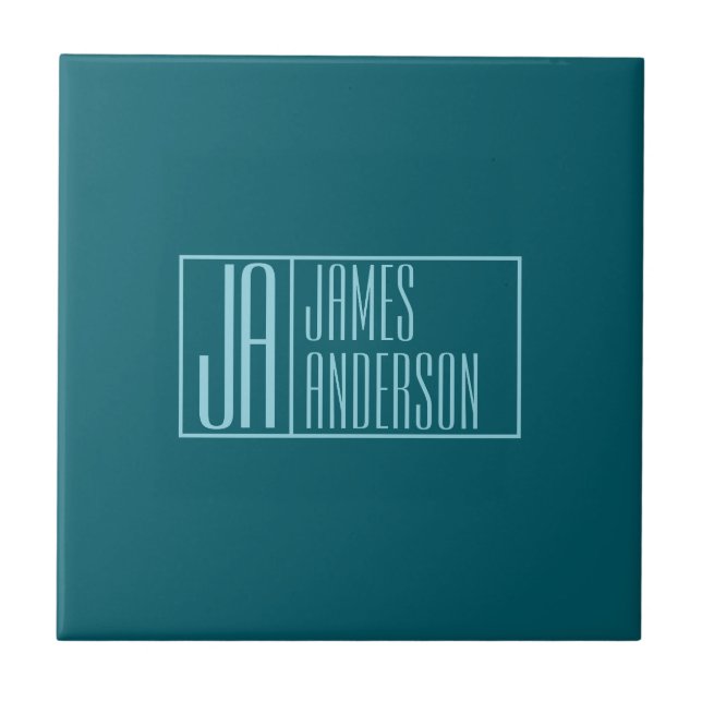 Moderna initialer & namn | Mörk teal & Ljusblå Kakelplatta (Framsidan)