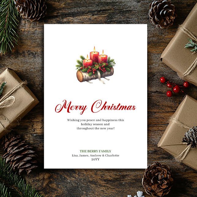Moderna julgran ljus trälogg hälsning julkort (Modern Christmas candles wooden log greeting Holiday Card)
