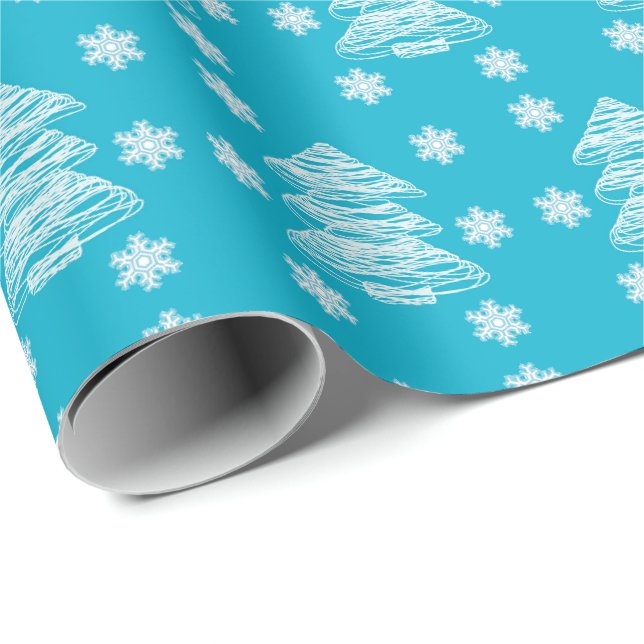 Moderna julgranar och snöflingor Ljusblå Presentpapper (Rullad Hörn)