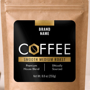 Moderna kaffebönor påse kruka svart & guld fyrkantigt klistermärke