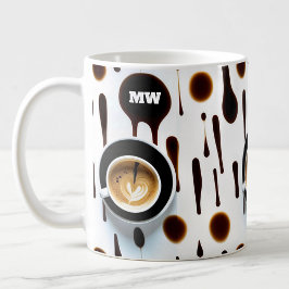 Moderna kaffefärgämnen och kaffebilder med initial kaffemugg
