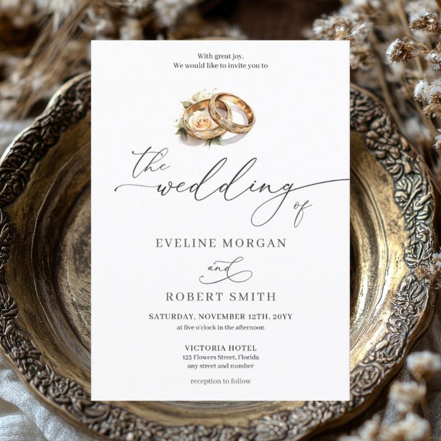 Moderna kalligrafi guldringar och rosbröllop inbjudningar (trendy hand writing script lettering gold wedding rings wedding invitation)