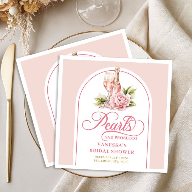 Moderna kindroster och guldfärgade servetter pärlo (Modern blush and gold napkins pearls and prosecco

)
