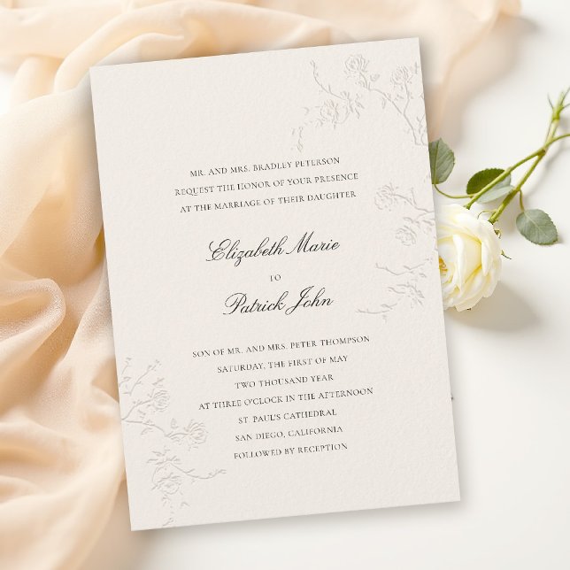 Moderna Klassiker Ömtåliga Vilda Rosor Ecru Bröllo Inbjudningar (modern classic wedding invitation card delicate wild roses wildflowers formal black tie ballroom)