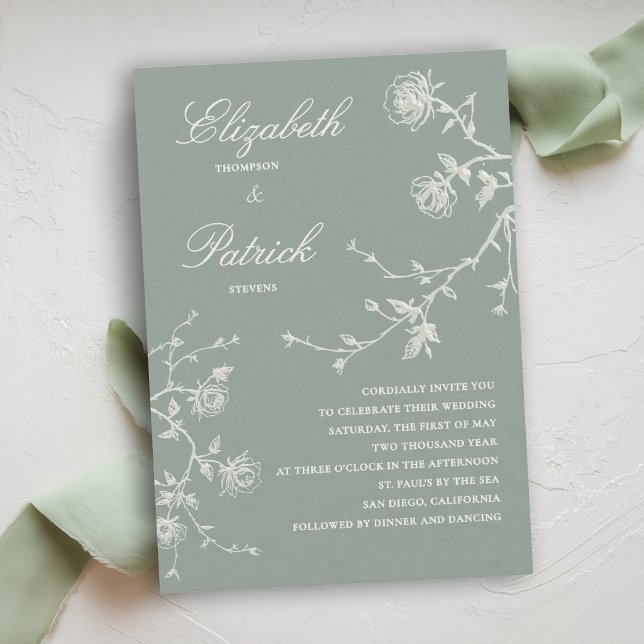 Moderna Klassiska Vilda Rosor Salvia Grön Vit Bröl Inbjudningar (modern classic wedding invitation wild roses floral organic linen calligraphy sage green white)