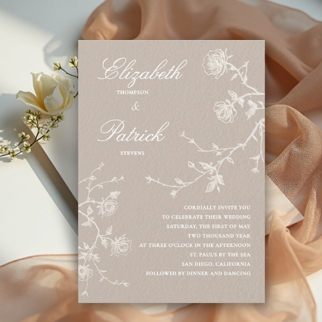 Moderna Klassiska Vilda Rosor Trädgård Linne Hustr Inbjudningar (modern classic wedding invitation wild roses floral organic linen calligraphy tan beige white)