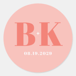 Moderna korall- och rosa monogrambröllop med djärv runt klistermärke