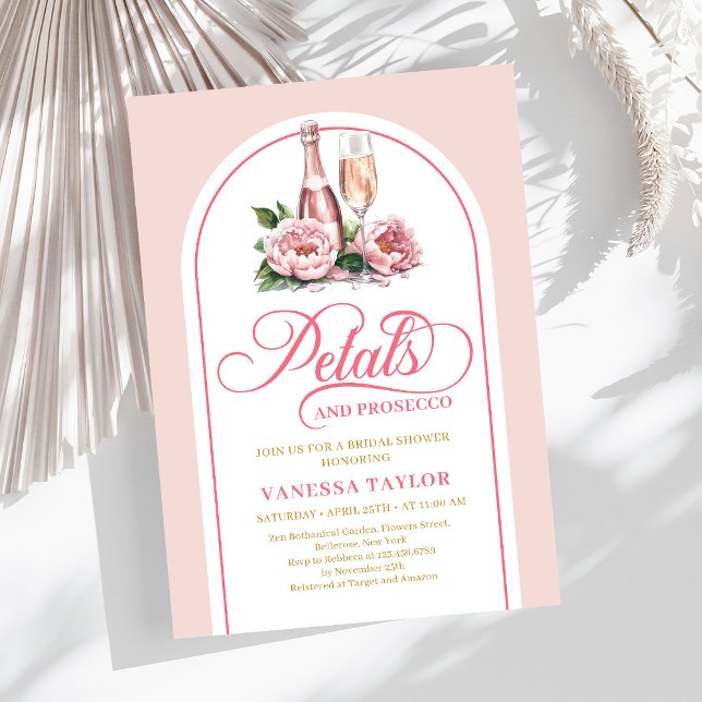 Moderna kronblad och prosecco bröllopskort i akvar inbjudningar (Modern petals and prosecco watercolor bridal card)