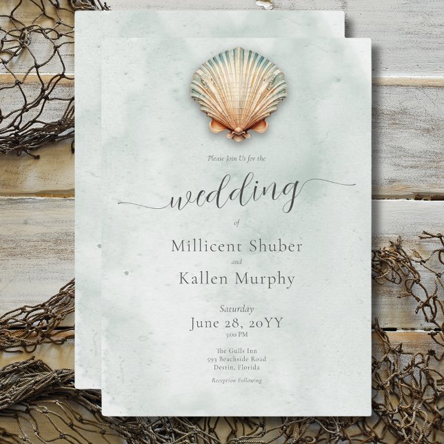Moderna Kustnära Skal Aqua Bröllop Inbjudningar (Modern Coastal Seashell Aqua Wedding Invitation)