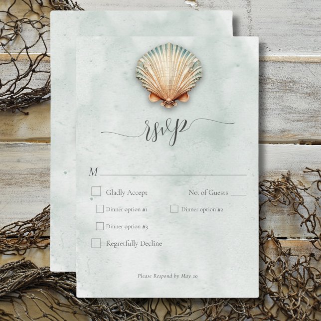 Moderna Kustnära Skal Aqua Bröllops Middag OSA Kort (Modern Coastal Seashell Aqua Wedding Dinner RSVP Card)