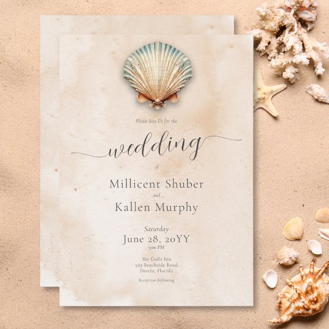 Moderna Kustnära Snigelsand Bröllop Inbjudningar (Modern Coastal Seashell Sand Wedding Invitation)
