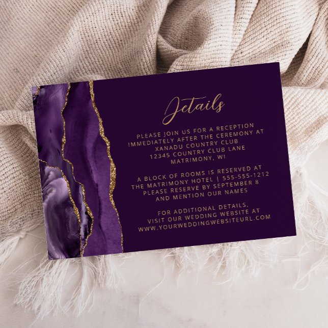 Moderna lila guld Agate bröllopsdetaljer Tilläggskort (Skapare uppladdad)