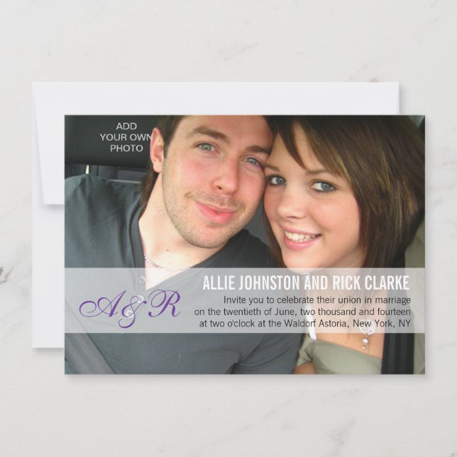 Moderna Lila Monogram - Fotobröllopsinbjudningar Inbjudningar (Framsida)
