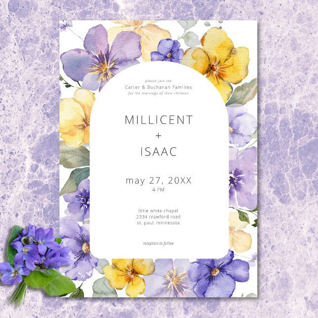Moderna lila och gula violer blomsterbröllop inbjudningar (Modern Purple & Yellow Violets Floral Wedding Invitation)