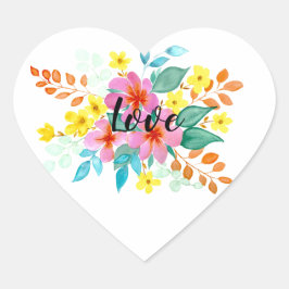Moderna ljusa och glada akvarellblommor  hjärtformat klistermärke