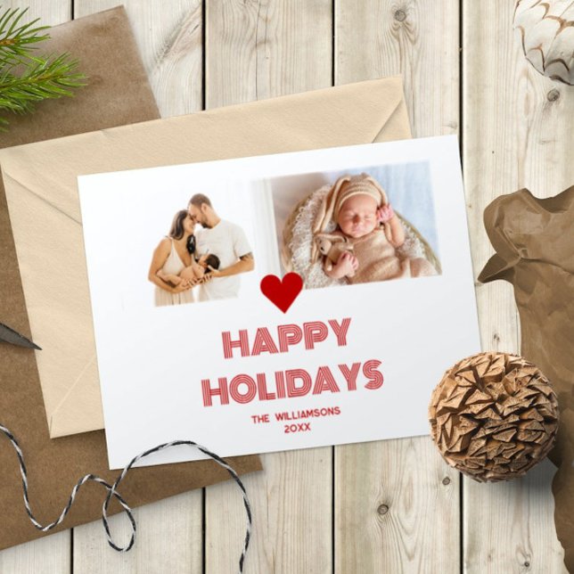 Moderna ljusröda glada helger 2 bilder julkort (Modern Bright Red and White Happy Holidays 2 Photos Heart Holiday Card)