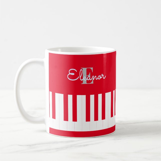 Moderna ljusröda pianotangentbord med monogram kaffemugg (Vänster)